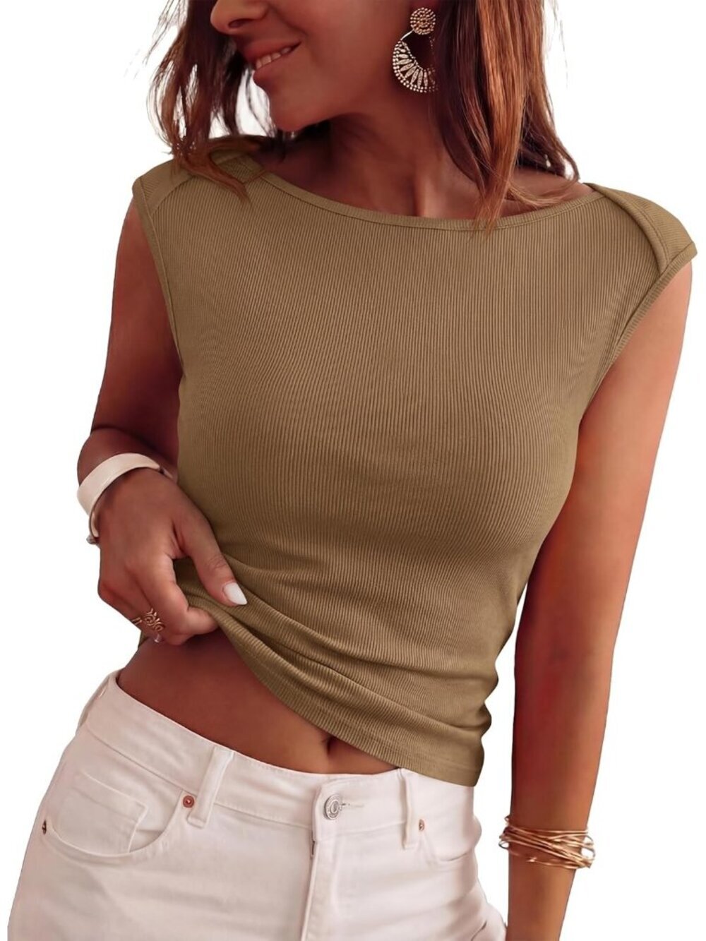 Women's Dark Khaki Ribbed Boat Neck Tank Top Fitted Cap Sleeve